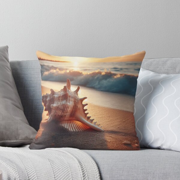 Item preview, Sea snail shell lying on the beach at sunset, majestic view of blue sea waves. designed and sold by ART-POD-PL.