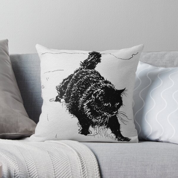 Fluffy black cat in snow Throw Pillow
