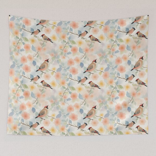 Item preview, Watercolor Wild exotic birds on flowers pattern, Bohemian Waxwing Birds  designed and sold by Victoria Riabov.