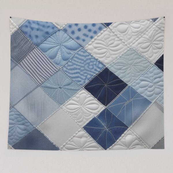 Item preview, Denim and white Patchwork quilt  designed and sold by Roxburylane.