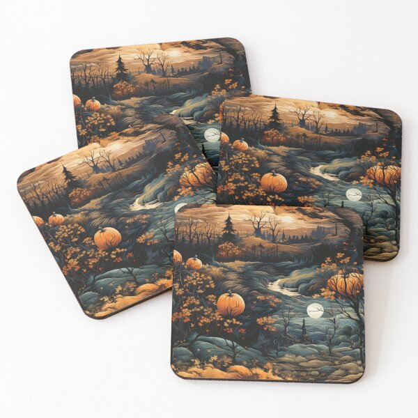 Item preview, A moonlit pumpkin patch landscape evokes enchanting autumn nights designed and sold by StrawberryJolly.