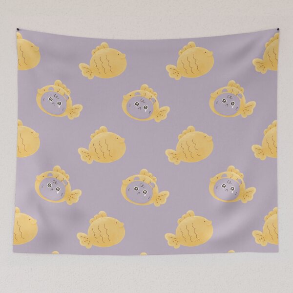 Item preview, taiyaki cute sad cat bun bread fish japanese sweet pattern designed and sold by TNwandesignart.
