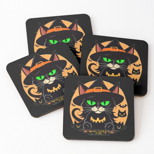 Item preview, Halloween fun cartoon cat with witch hat and bright green eyes designed and sold by kikidu21.