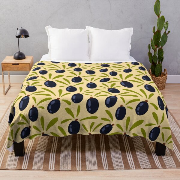 Item preview, Modern seamless pattern of olives with leafs in soft yellow, dark blue and green.  designed and sold by madebymoukie.
