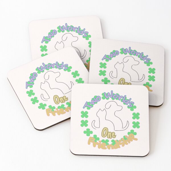 Item preview, Two worlds, one friendship, black silhouettes of a dog and a cat against the background of green clover leaves as a symbol of friendship between different personalities designed and sold by SplashTastic.