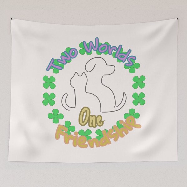 Item preview, Two worlds, one friendship, black silhouettes of a dog and a cat against the background of green clover leaves as a symbol of friendship between different personalities designed and sold by SplashTastic.