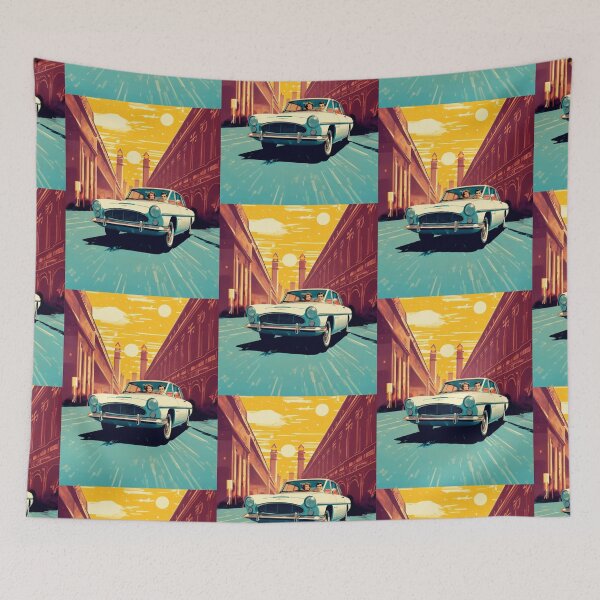 Item preview, Couple on a vintage classic white car racing over the city designed and sold by GoldenTimesCafe.