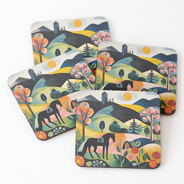 Item preview, black horse on a hilly field, naive art designed and sold by ckwags.