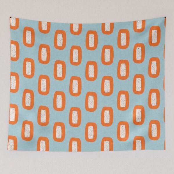 Item preview, 70s Mid Century Oval -Blue-Orange-Linen  designed and sold by susycosta.
