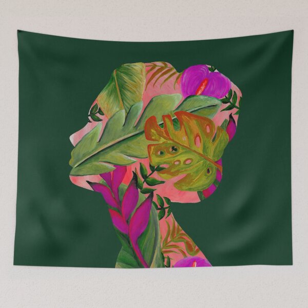 Item preview, Woman with tropical plants - Botanical woman as a portrait in acrylic designed and sold by RebeccaFreese.