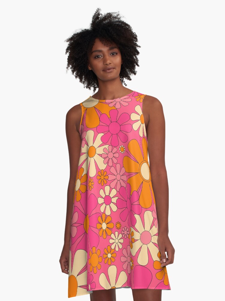 Groovy Pink Retro Garden Flowers Vintage Floral Pattern with