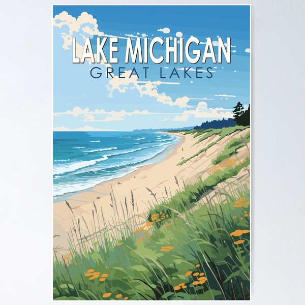 Item preview, Lake Michigan Travel Art Vintage designed and sold by KrisSidDesigns.