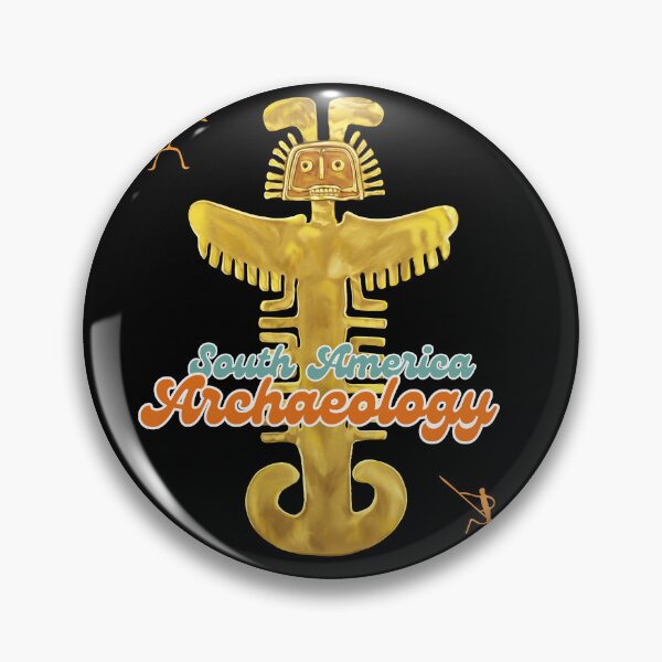 Item preview, Archeology of South America - Illustration of Prehispanic Anthropozoomorphic Artifact in Gold with message "South America Archaeology" ​​- Retro Art designed and sold by Carola-art.