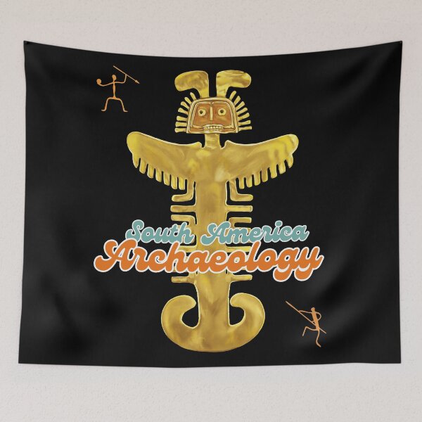 Item preview, Archeology of South America - Illustration of Prehispanic Anthropozoomorphic Artifact in Gold with message "South America Archaeology" ​​- Retro Art designed and sold by Carola-art.