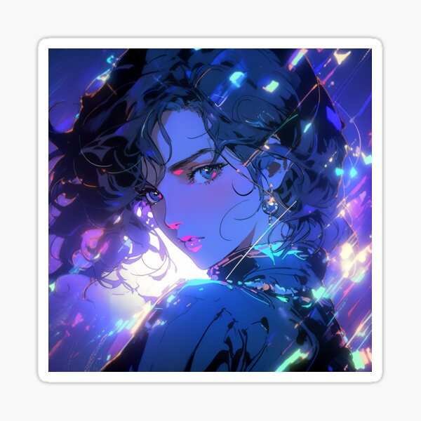 Beautiful Bright Neon Curly Hair Starry Anime Girl | Sticker