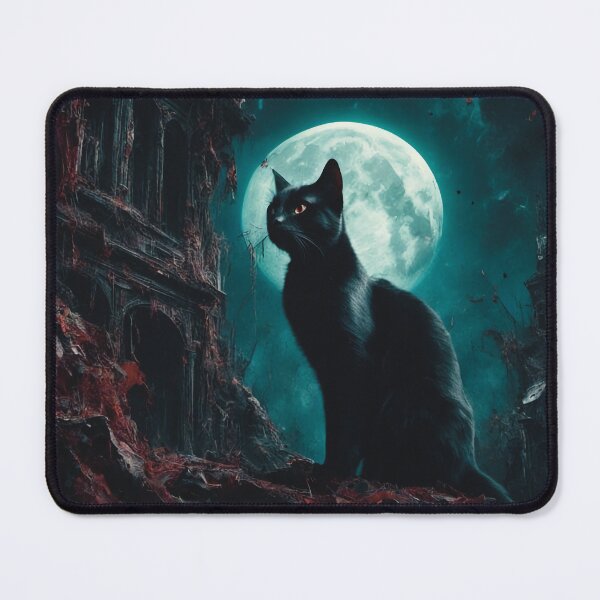 Item preview, Moonlit Black Cat in front of creepy manor designed and sold by CallaCoralia.