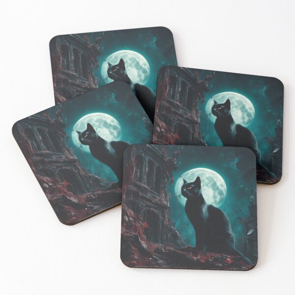 Item preview, Moonlit Black Cat in front of creepy manor designed and sold by CallaCoralia.