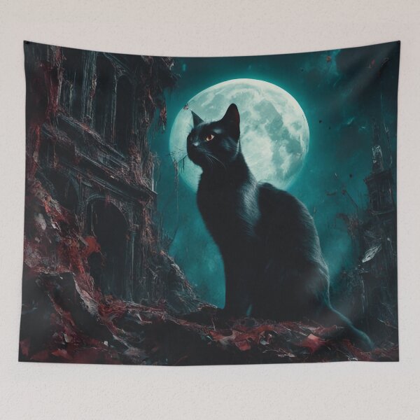 Item preview, Moonlit Black Cat in front of creepy manor designed and sold by CallaCoralia.