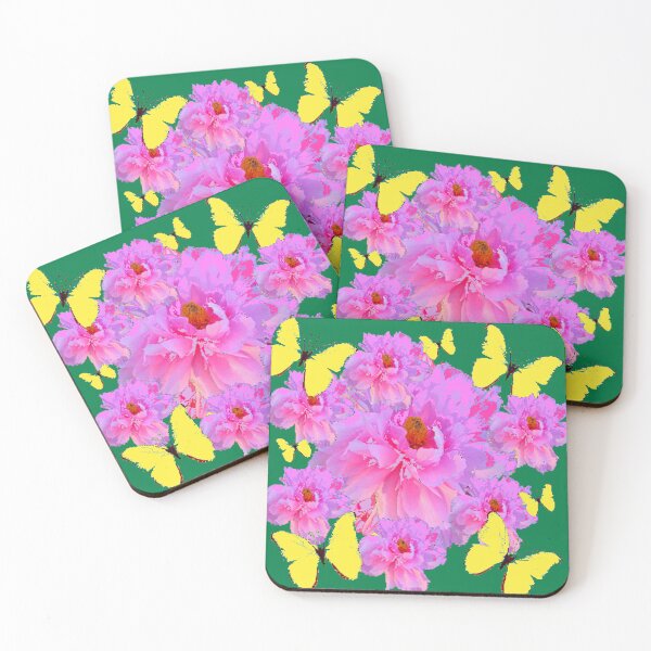 Item preview, ABSTRACT PINK FLOWERS YELLOW BUTTERFIES GREEN GARDEN ART designed and sold by sharlesart.
