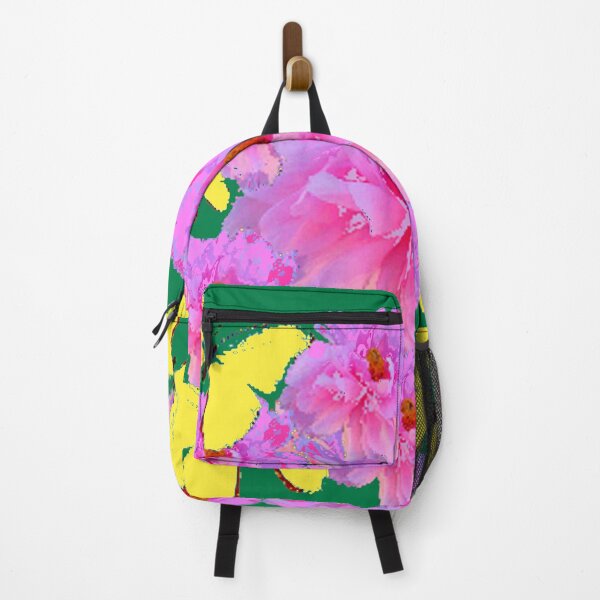 Item preview, ABSTRACT PINK FLOWERS YELLOW BUTTERFIES GREEN GARDEN ART designed and sold by sharlesart.