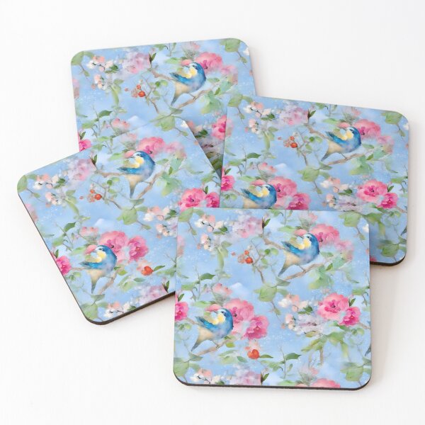 Item preview, Blue tit and spring flowers chinoiserie designed and sold by SophieClimaArt.