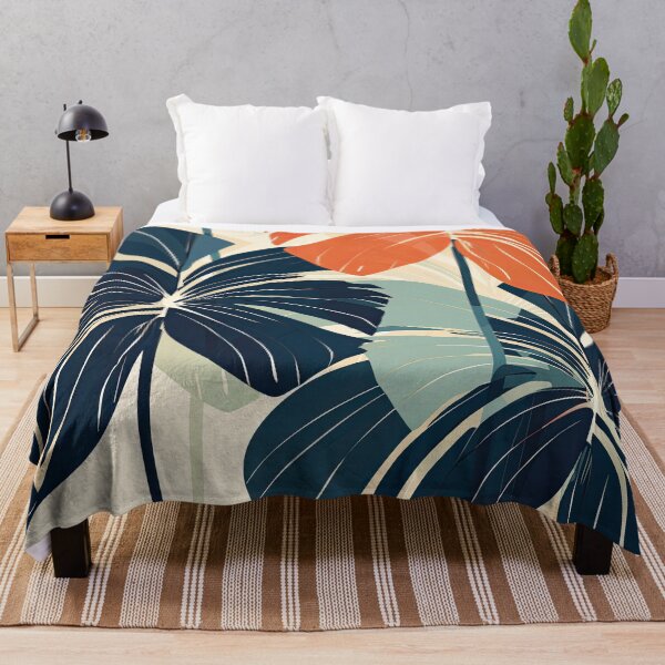 Item preview, Mid Century Modern Botanical Art Ivory Orange Navy Green Leaves designed and sold by DreamyDaisy.