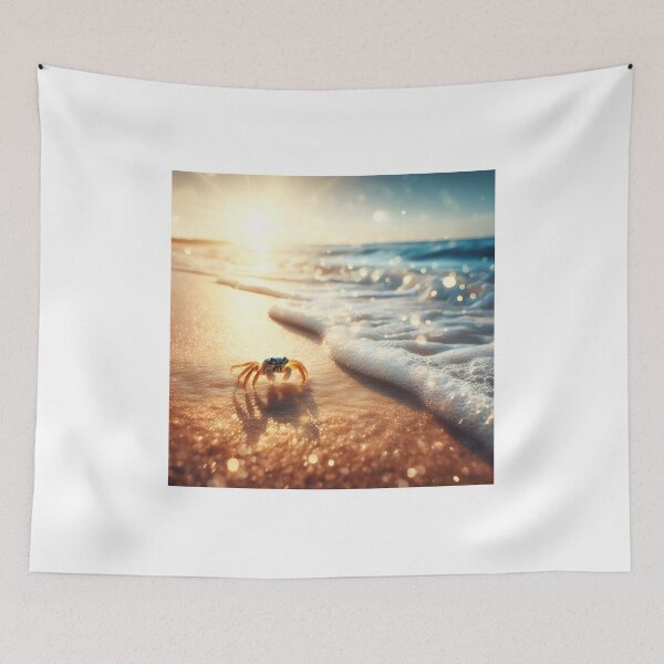 Item preview, A small crab walks on the beach near the blue ocean. designed and sold by ART-POD-PL.