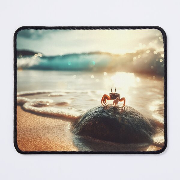 Item preview, A small crab sitting on the beach by the waves of the blue ocean designed and sold by ART-POD-PL.