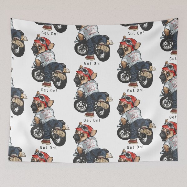 Item preview, get on dog on motorbike, dog getting motorbike, cute cartoon dog motorbike designed and sold by GreyStanzione1.