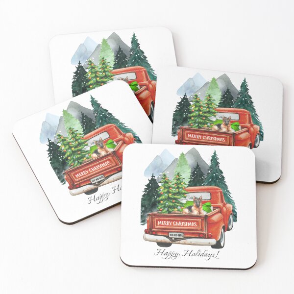 Item preview, Christmas German Shepherd and vintage truck winter landscape watercolor art designed and sold by adriana-holmes.