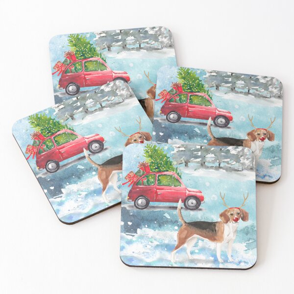 Item preview, Watercolour Beagle with Antlers, Car and Christmas Tree Christmas Card designed and sold by HugsAndPrints.