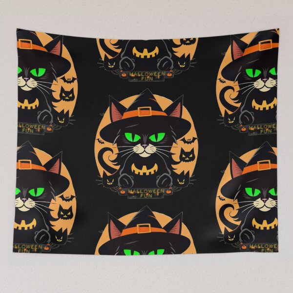 Item preview, Halloween fun cartoon cat with witch hat and bright green eyes designed and sold by kikidu21.