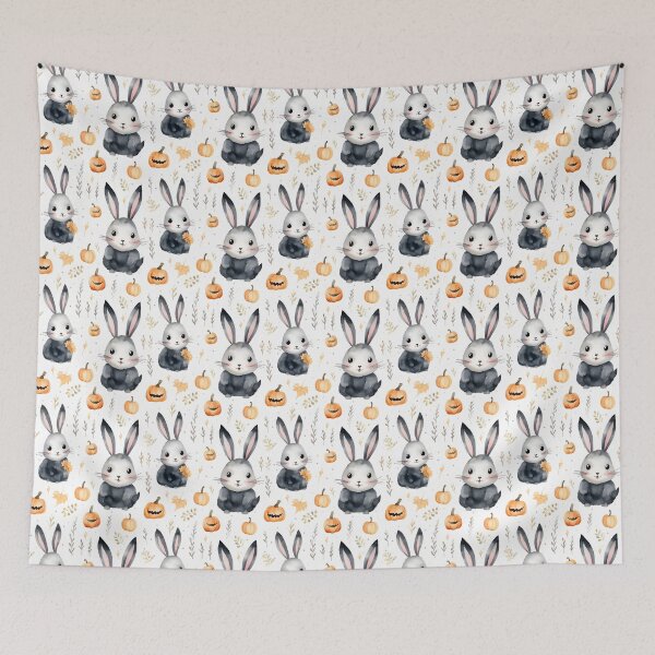 Aperçu de l'œuvre Hare-raising Halloween Delights: Cute Rabbit in Spooky Festivities créée et vendue par qoodesignstudio.