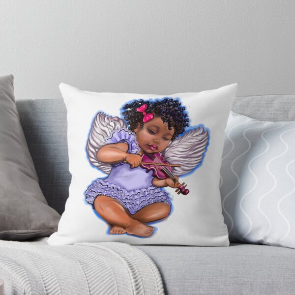Item preview, African American Black Angel with violin - white background - Serene curly hair angel designed and sold by Artonmytee.