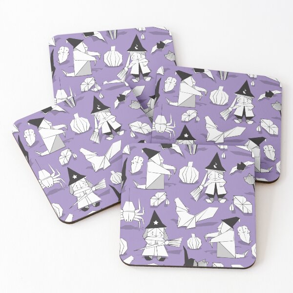 Item preview, Halloween origami tricks // violet background black and white paper geometric witches cats ghosts spiders wolfs bats Dracula lips and pumpkins designed and sold by SelmaCardoso.