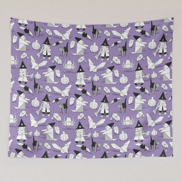 Item preview, Halloween origami tricks // violet background black and white paper geometric witches cats ghosts spiders wolfs bats Dracula lips and pumpkins designed and sold by SelmaCardoso.