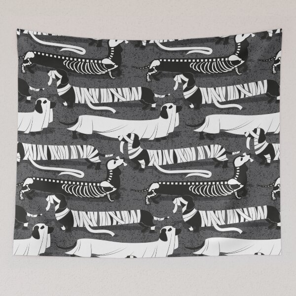 Item preview, Spooktacular long dachshunds // dark grey background mummy ghost and skeleton dogs designed and sold by SelmaCardoso.