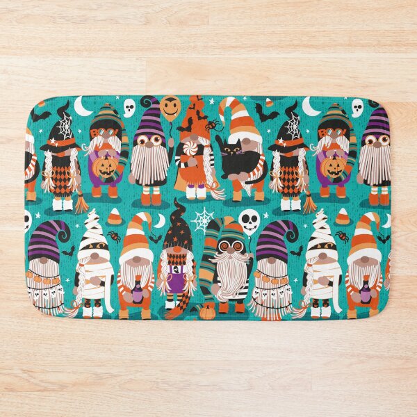 Item preview, Boo-tiful gnomes // teal background fun little creatures black purple and vivid orange dressed for halloween designed and sold by SelmaCardoso.