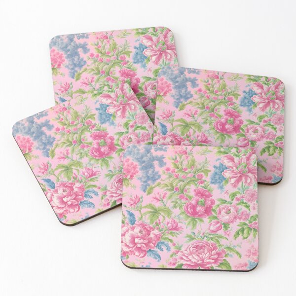 Item preview, French toile flowers on pink  designed and sold by SophieClimaArt.