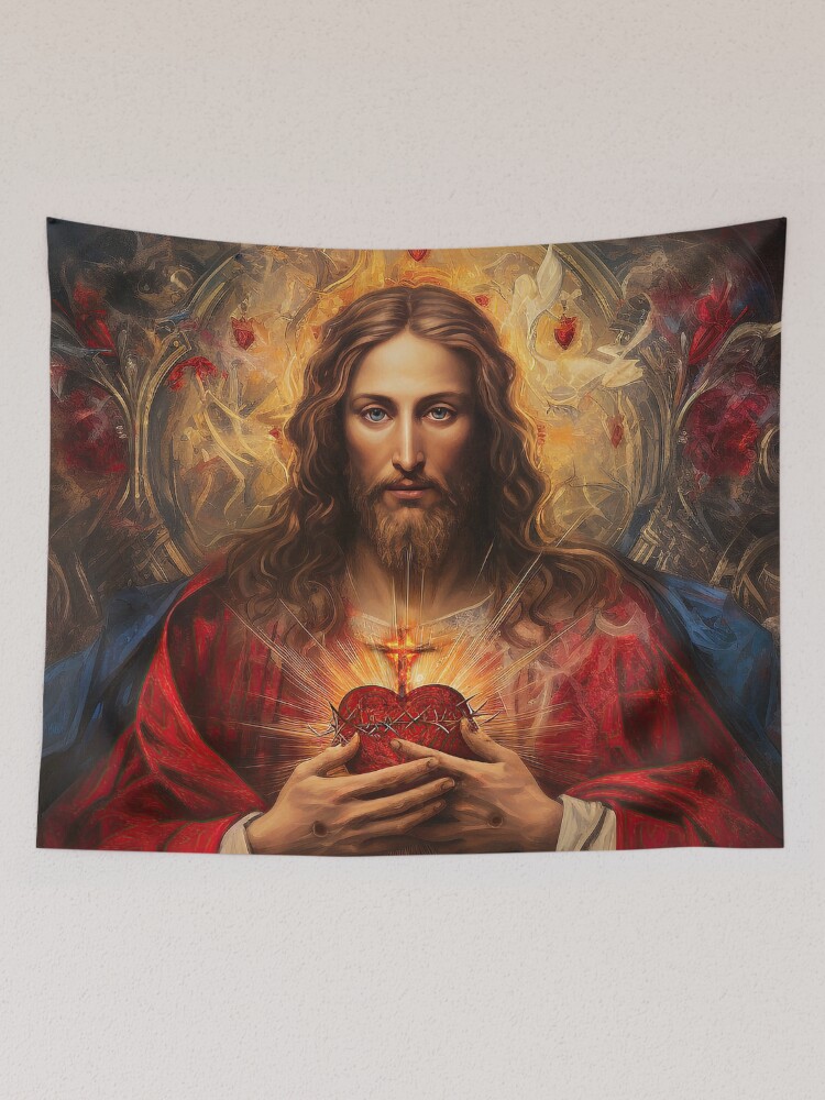 Thumbnail 2 of 3, Tapestry, Sacred Heart of Jesus version 2 designed and sold by phatpuppyart.
