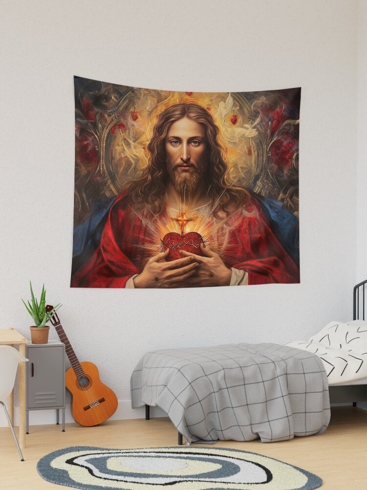 Thumbnail 1 of 3, Tapestry, Sacred Heart of Jesus version 2 designed and sold by phatpuppyart.