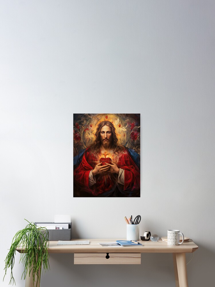 Thumbnail 2 of 3, Poster, Sacred Heart of Jesus version 2 designed and sold by phatpuppyart.