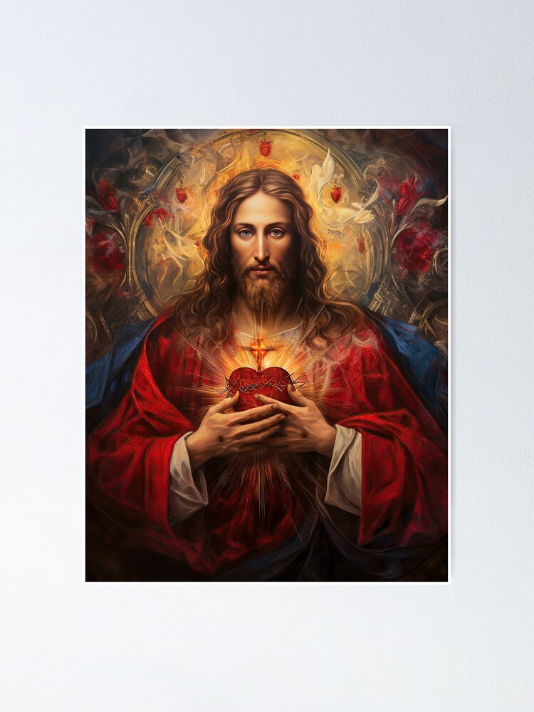 Thumbnail 1 of 3, Poster, Sacred Heart of Jesus version 2 designed and sold by phatpuppyart.