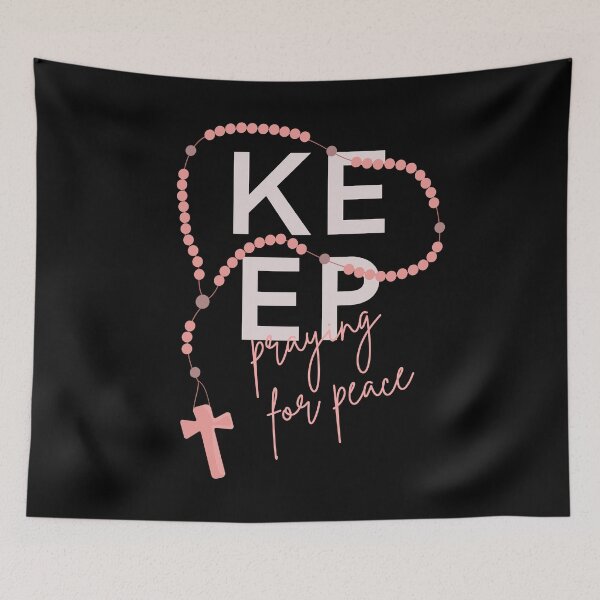 Item preview, Keep Praying for Peace typography and rosary beads designed and sold by Brasilia.