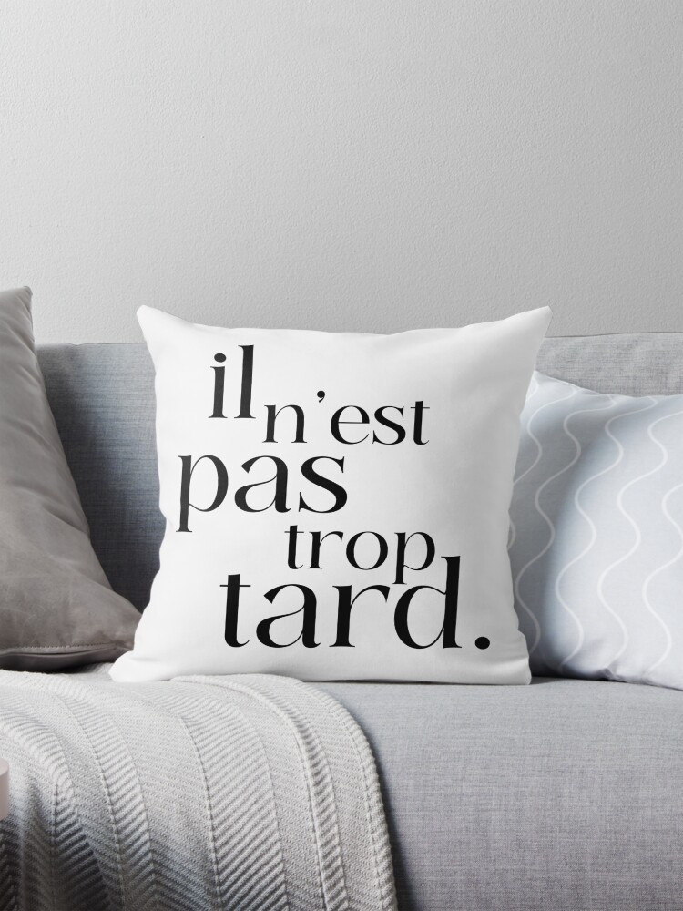 Aperçu 1 sur 4. Coussin avec l'œuvre il n'est pas trop tard créée et vendue par enFRANCAISsvp.