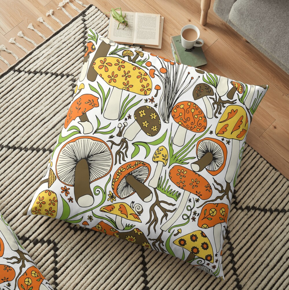 Mushrooms Drawing, Memories of the 70s Floor Pillow