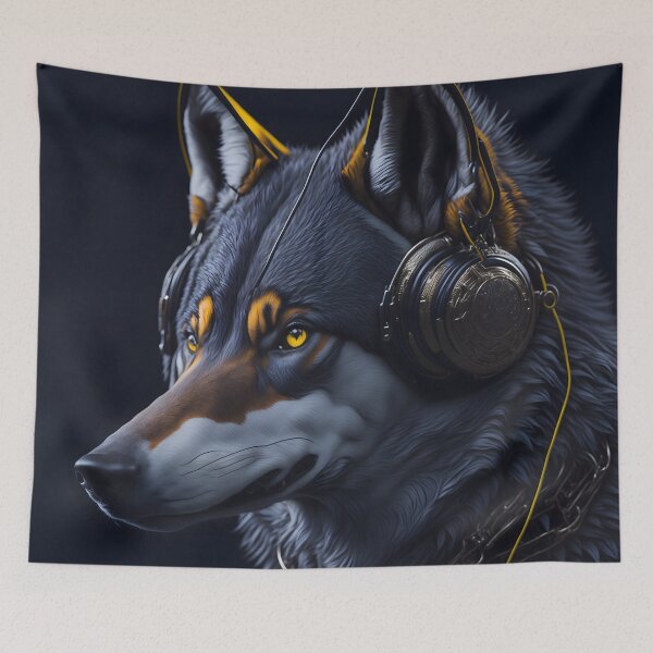 Item preview, "Captured in striking vector art, the artwork titled 'Wolf Harmony' features a majestic wolf, its head adorned with headphones, creating a fusion of nature and technology." designed and sold by Best-Art-32.