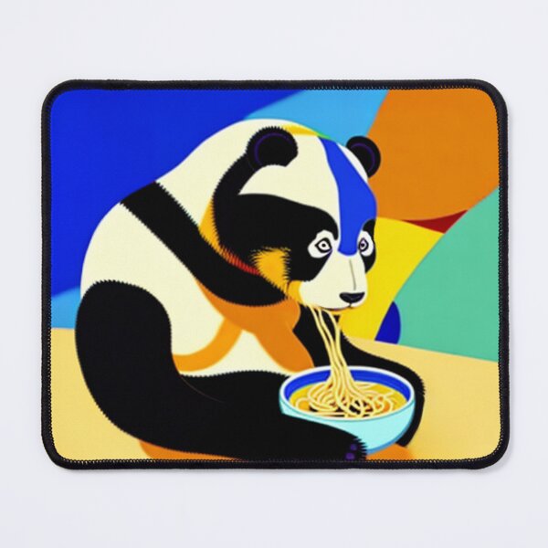 Item preview, Panda eating a bowl of spaghetti on a blue and yellow background designed and sold by Meena-tta.
