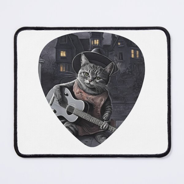 Artikelvorschau, Halloween-Katze spielt Gitarre und trägt einen Hexenhut in Form eines Plektrums entworfen und verkauft von guvnaguitars.
