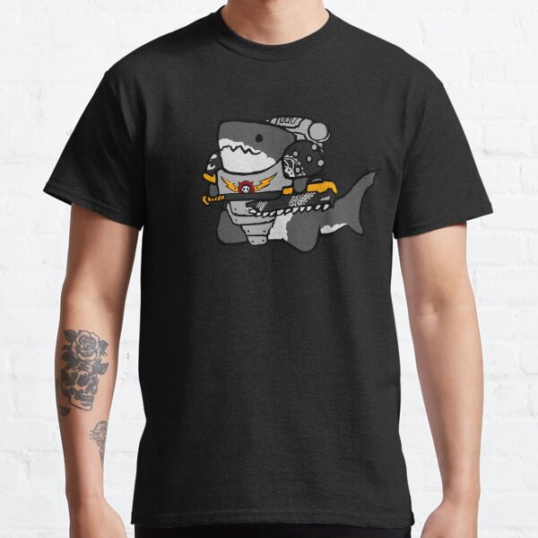 Vista previa del artículo con la obra «vector lindo motosierra carcharodons gran tiburón blanco warhammer 40k estilos», diseñado y vendido por sonizma.